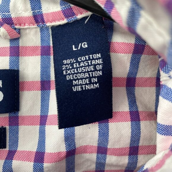 Chaps Shirt Men's Large Dark Pink Blue Plaid Long Sleeve Stretch Oxford Office - Picture 11 of 11